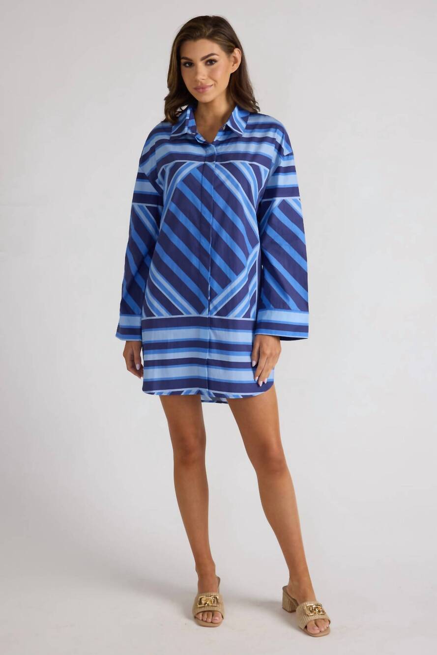 NEW THOMAS & LOURDES parker mini dress in blue geo stripe